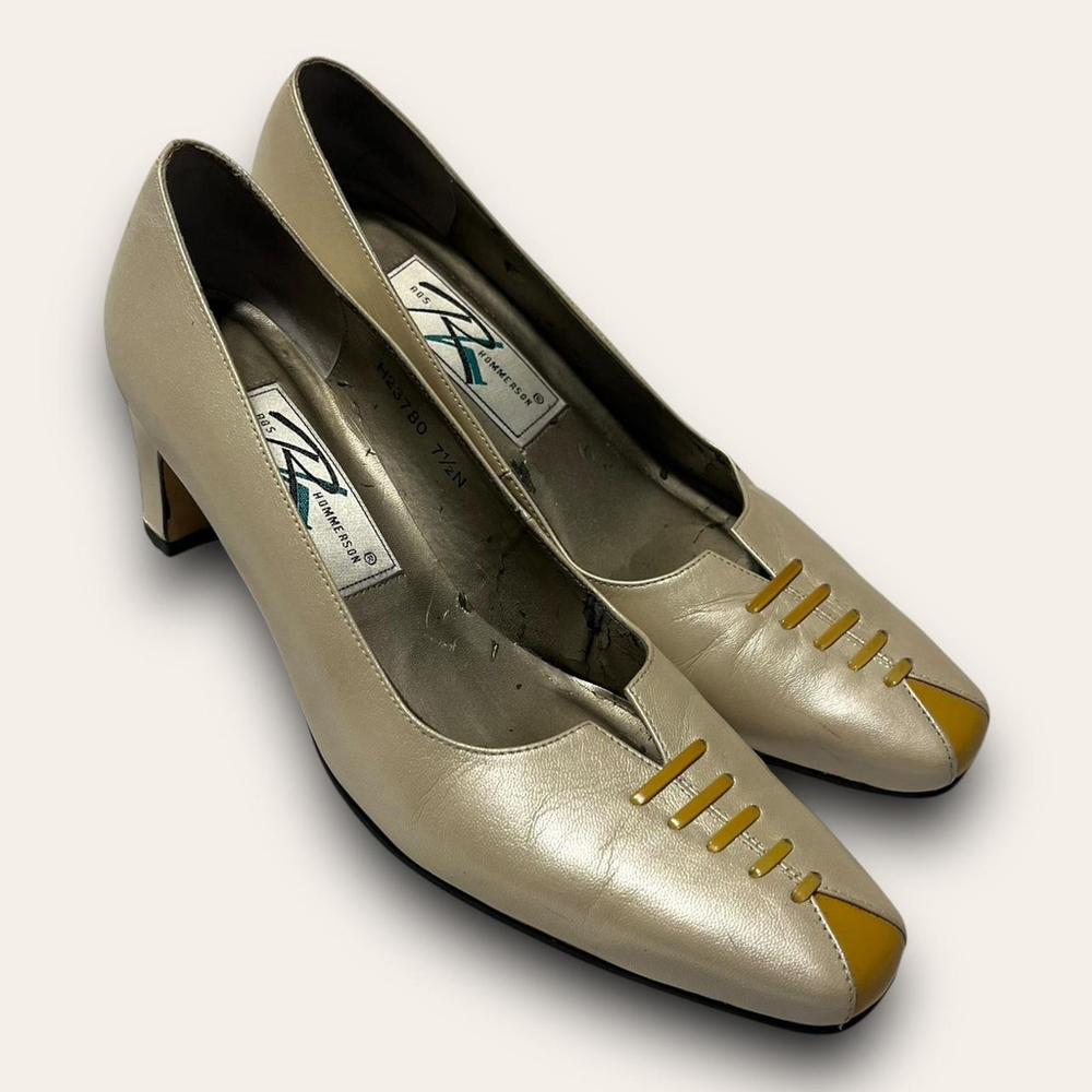 Vintage Ros Hommerson Pearlescent Square-Toed Heels Yellow Accents Size 7.5 90s